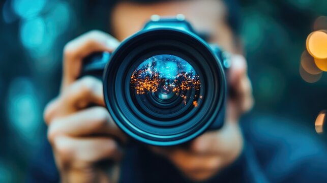 A photographer's hand holding a camera with a blurry reflection of a forest in the lens.