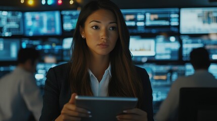 A focused businesswoman in a suit looks at a tablet in front of a wall of data screens.