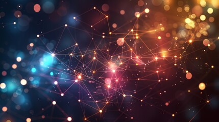 Fototapeta premium Wallpaper Complex network of nodes connecting with lines and colorful bokeh lights, perfect for a wallpaper