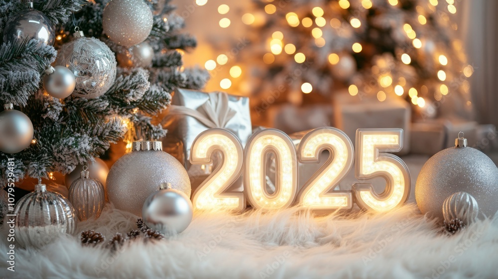 Poster a beautifully arranged display for new year 2025 features sparkling silver ornaments, illuminated nu