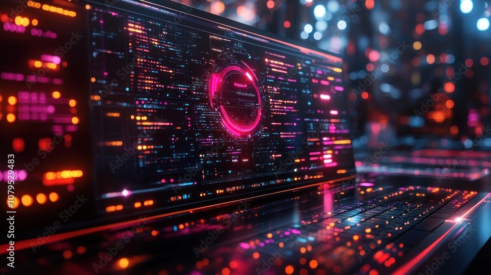Poster futuristic digital interface with vibrant data visualization.