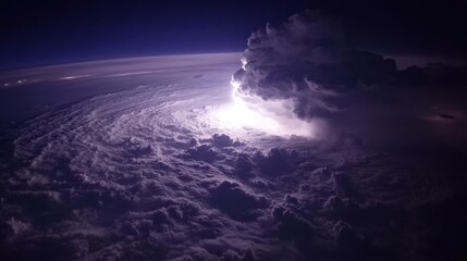 A powerful lightning bolt strikes a massive storm cloud from above, illuminating the swirling clouds below.