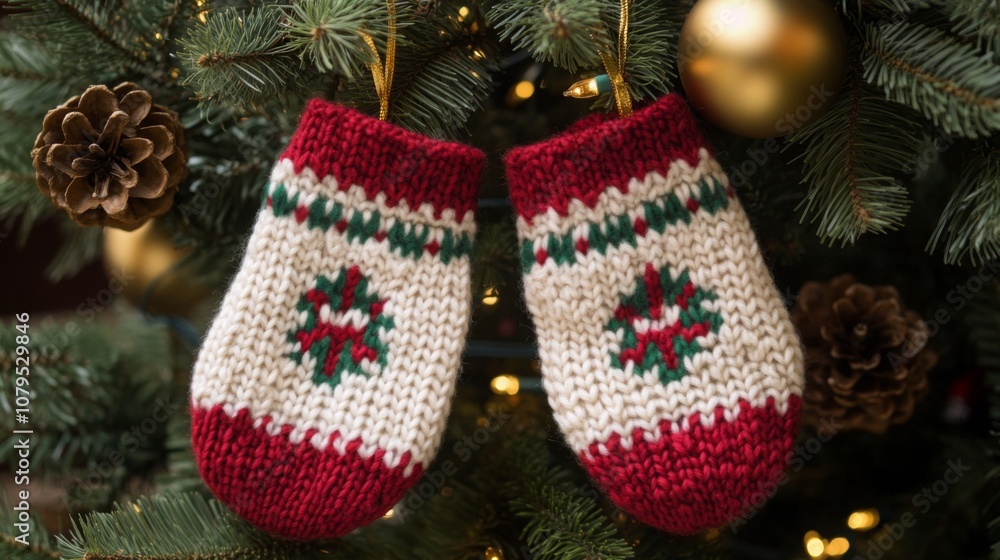 Poster two carefully crafted knitted mittens are displayed on a christmas tree, surrounded by ornaments and