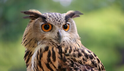 Owl bird isolated with blur green bokeh background