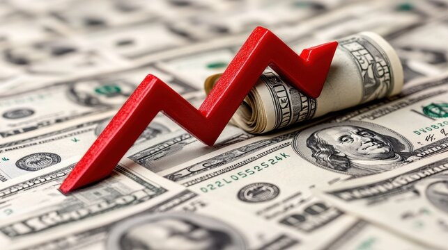 Red arrow pointing down on US dollar bills. (1)