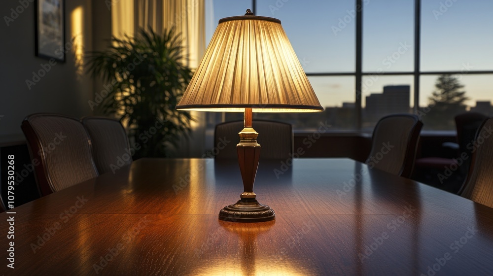 Poster a lit lamp sits on a wooden conference table in an office. the lamp is in the center of the table wi