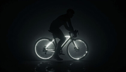 Fototapeta premium the silhouette of a man riding a bike with the lights on tires at night