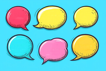 Vibrant speech bubbles represent communication, discussions, and sharing ideas on a bright blue background