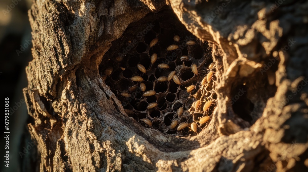 Aufkleber close-up of a wasp nest inside a tree trunk, showing the honeycomb structure and larvae.