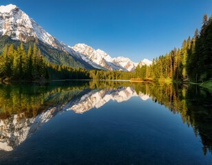 Fototapeta premium Serene Lake Nestled Between Snow-Capped Peaks and Lush Forests, Reflecting the Sunshine and Surrounding Scenery on Its Glassy Surface During Early Morning