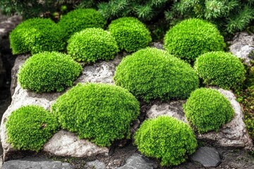 Lush green moss clusters on rocky ground, creating a serene natural landscape.