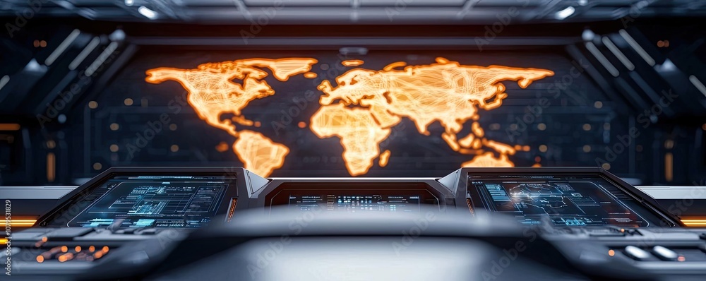Poster futuristic control room with a glowing world map display.