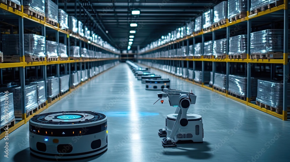 Poster advanced robotic automation in a modern warehouse setting.