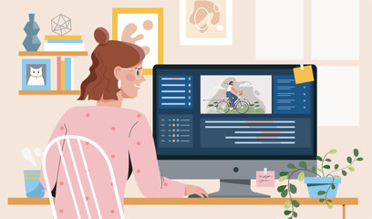 Motion designer woman. Young girl sits at computer screen and edits video. Freelancer and remote worker earn money on Internet. Talented digital artist at workplace. Flat vector illustration