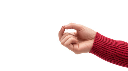 A woman's hand holds or pulls on an invisible thread or string on white transparent background

