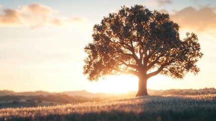 Majestic tree with warm sunlight, serene landscape background.