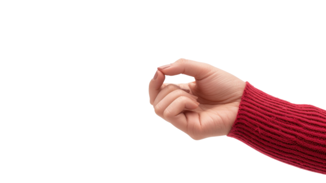 A woman's hand holds or pulls on an invisible thread or string on white transparent background

