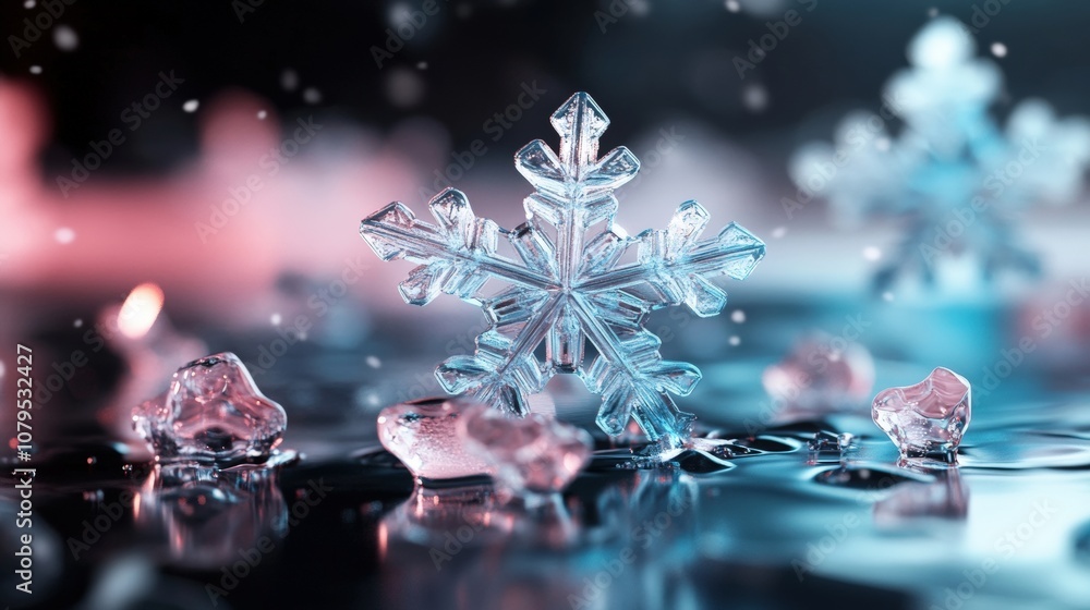 Poster close-up of a delicate snowflake on reflective surface with vibrant lighting.