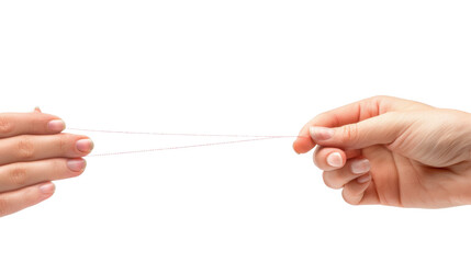 A woman's hand holds or pulls on an invisible thread or string on white transparent background

