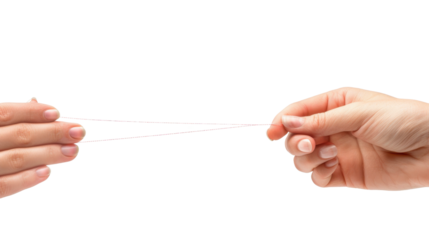 A woman's hand holds or pulls on an invisible thread or string on white transparent background

