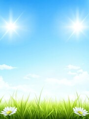 Obraz premium A bright, sunny sky with grass and daisies, evoking a sense of tranquility and nature.