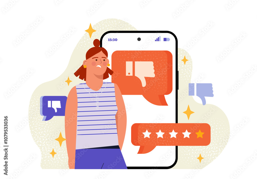 Poster woman with negative feedback. young girl reading negative comments on social networks. upset user wi