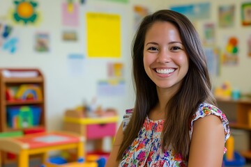 Portrait of a smiling teacher in a colorful preschool classroom, ready for a day of learning and fun