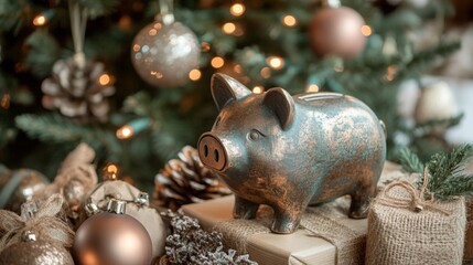 A rustic-looking piggy bank sits on top of a wrapped gift box under a decorated Christmas tree. The gift is wrapped in brown paper and tied with twine.