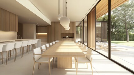 Fototapeta premium Spacious dining room with a long wooden table, chic pendant lighting, and modern chairs, copy space