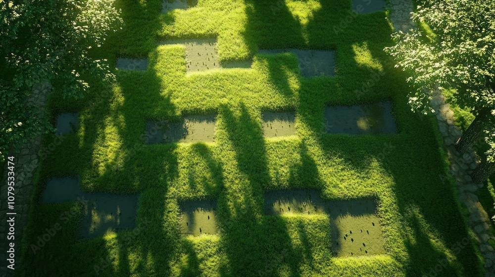 Poster shadows of trees on a green grassy lawn creating a geometric pattern.