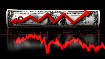 Rolled dollar bill with red arrow showing a fluctuating market trend on a black background.