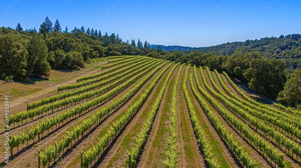 Poster aerial view of rows of grapevines in a vineyard on a sunny day.