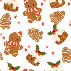 Seamless pattern with Gingerbread cookies with icing in the shape of a deer, snowman, snowflake, sweet cane, chocolate chip cookie. Vector holiday illustration with homemade baked goods