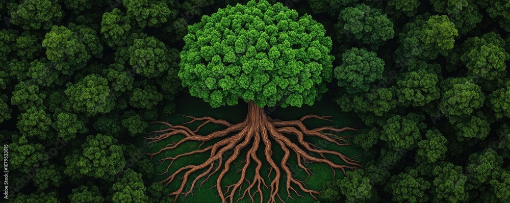 Poster aerial view of a lush green tree with extensive roots in a dense forest.