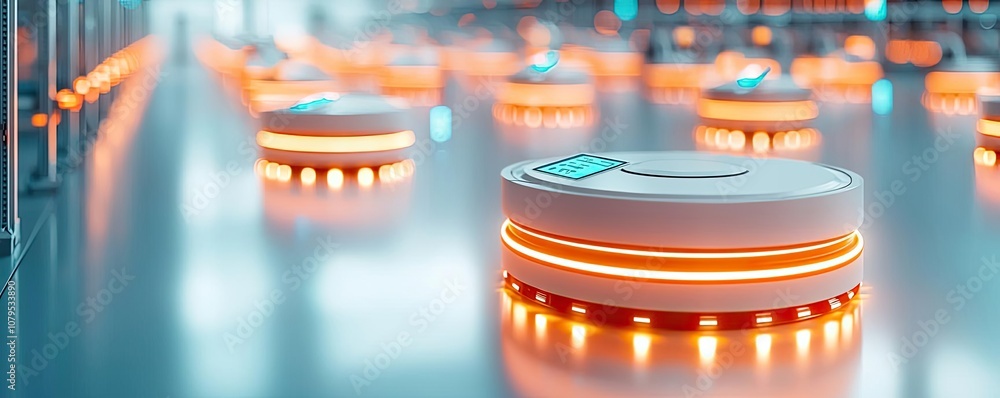 Poster automated robots with glowing elements in a futuristic warehouse setting.