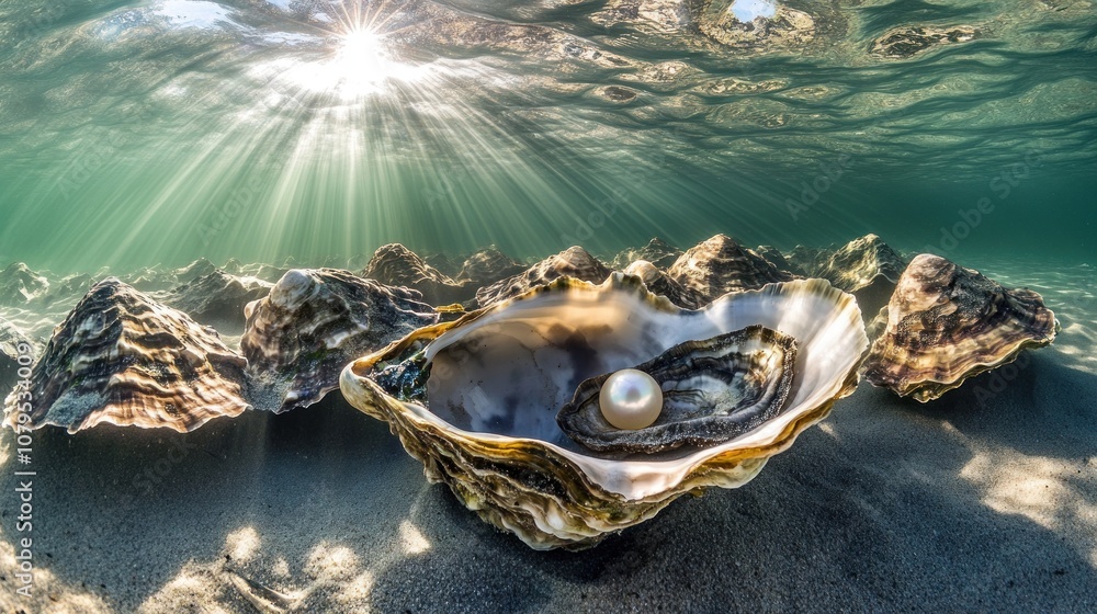 Poster a large pearl rests inside an open oyster shell on the seabed, surrounded by other oyster shells. th