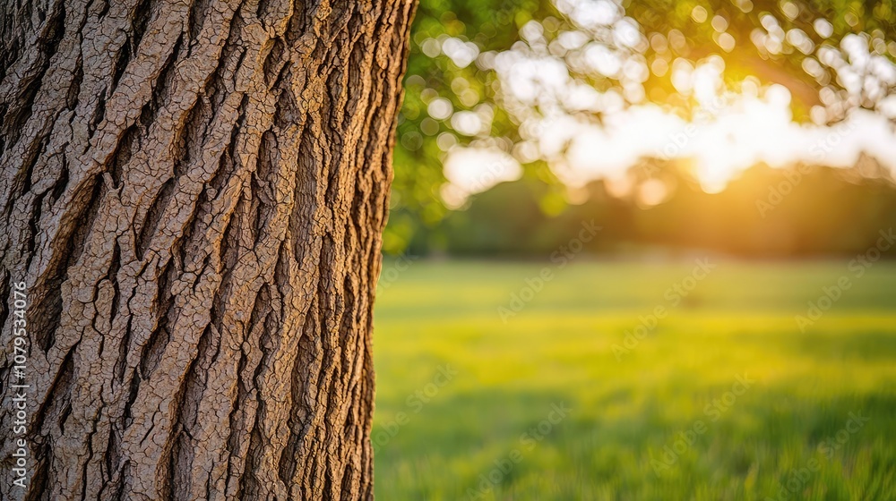 Poster tree trunk close-up with sunlit field and foliage in the background.