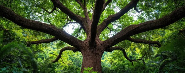Fototapeta premium Majestic tree branches sprawling out in a lush green forest setting.