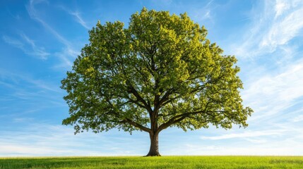 Fototapeta premium Lush green tree against bright blue sky and open landscape.