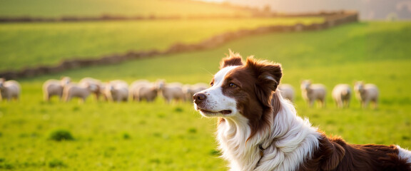 Attentive sheepdog watching flock in sunny green pasture