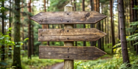 Three weathered wooden arrow signs at a crossroads in a forest, path, old, blank, rustic, vintage, weathered, directional