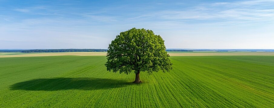 Lone green tree in a vast green field under a clear blue sky, serene nature scene.
