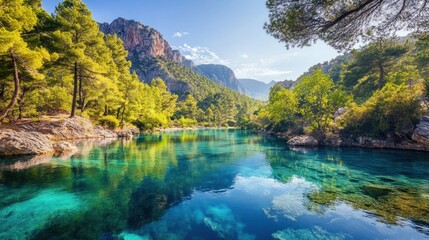 Obraz premium A serene turquoise lake nestled among lush green trees and majestic mountains. The crystal-clear water reflects the vibrant blue sky and fluffy white clouds.