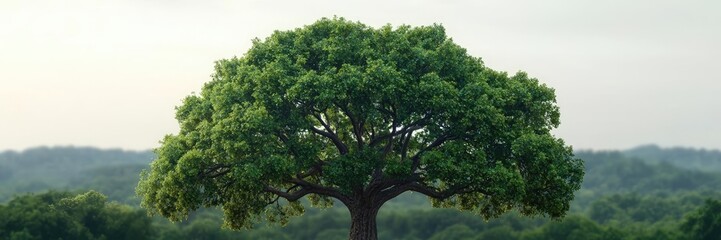 Fototapeta premium Lush green tree with expansive foliage, set against a serene landscape.