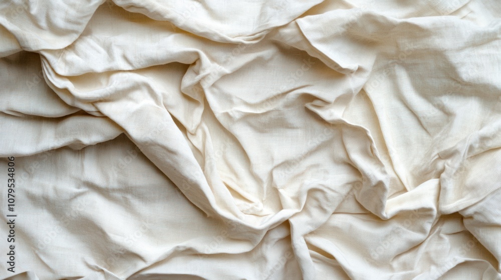 Aufkleber close-up of textured, crumpled fabric in neutral tones, showcasing unique patterns and folds.