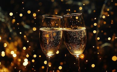 Two glasses of champagne clink together against a backdrop of sparkling lights, perfect for celebrating a special occasion.