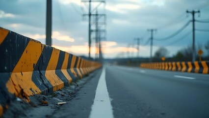 Obraz premium Road on Barricades construction site, Replacement of curbs along the road and electric wire. 