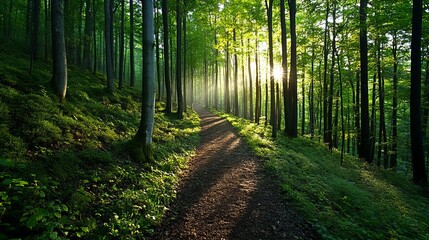Obraz premium Calm forest path at dawn, misty morning light, sunlight filtering through leaves, diffused natural lighting