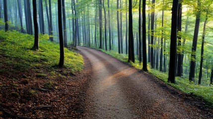 Obraz premium Calm forest path at dawn, misty morning light, sunlight filtering through leaves, diffused natural lighting