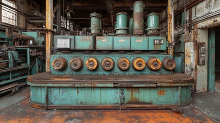 Naklejka premium Rusty, green, industrial machinery in an abandoned factory.